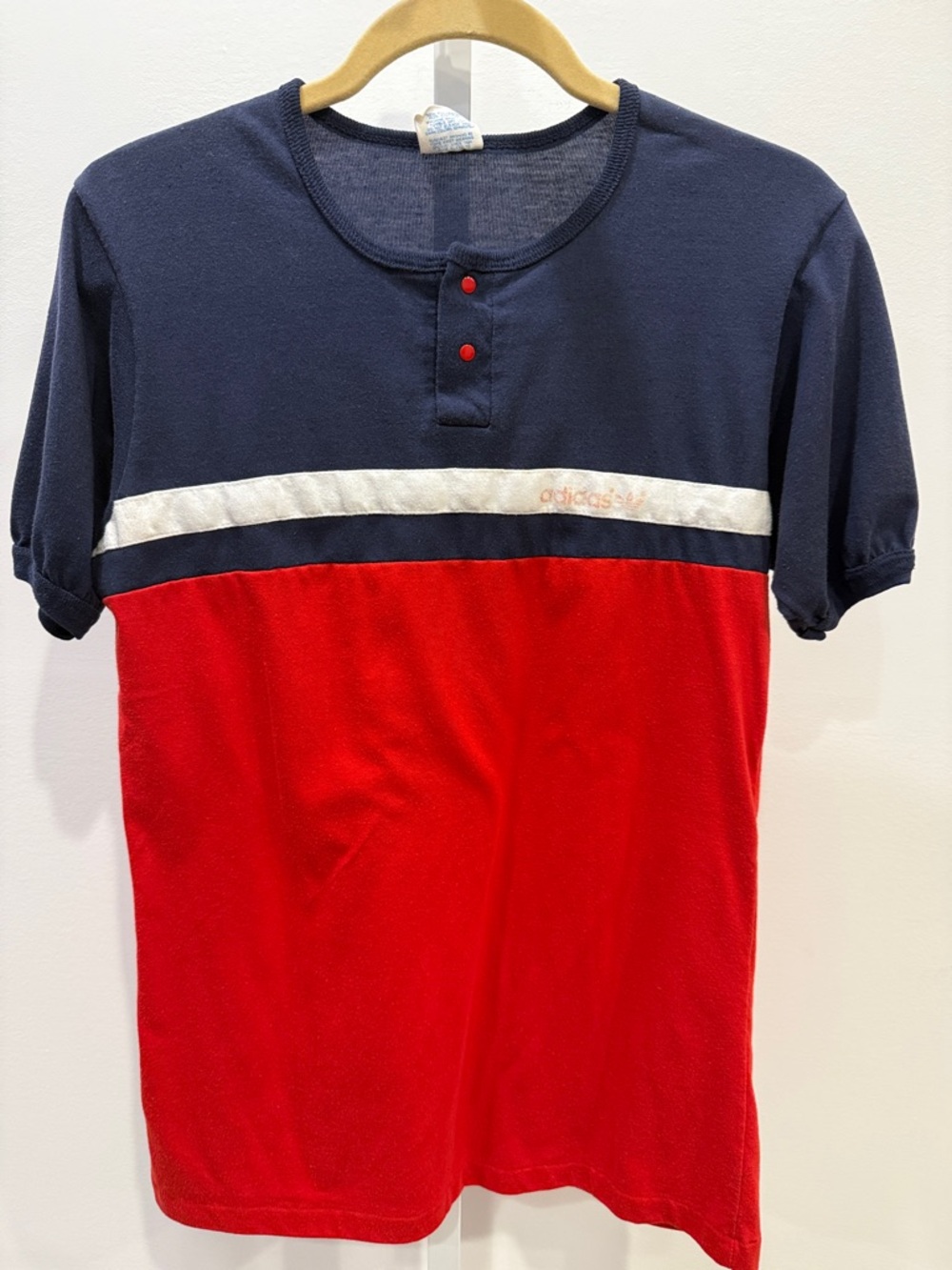 Vintage Adidas Navy, White Red Short Sleeve Henley Tee Y2K Size L Made in USA